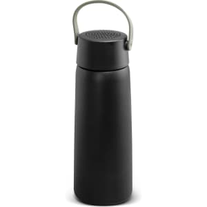 A drink bottle in black with a green handle, featuring a built-in Bluetooth speaker. It has a simple, sleek design.