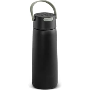 A drink bottle in black with a green handle, featuring a built-in Bluetooth speaker and a logo on the body.