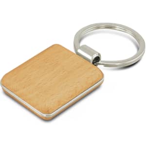 A square wooden key ring with a silver metal keychain. The wood has a natural, light brown finish.