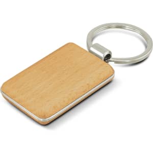 A rectangular key ring with a wooden finish and a metal keychain.