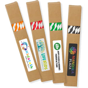 A set of four coloured paper drinking straws in packaging, featuring orange, red, green, and black and white stripes.