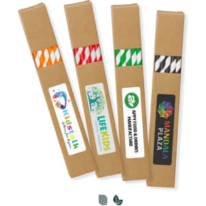 Paper drinking straws in various colours, packaged in cardboard sleeves, featuring different logos.