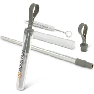 A telescopic straw and case in shades of silver and grey, with a cleaning brush and attachment included.