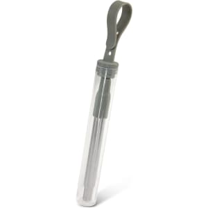 A telescopic straw in a transparent case with a grey clip. The straw has a metallic finish.