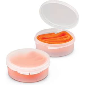 A silicone straw in an orange colour, housed in a transparent case, partially open to reveal the straw inside.