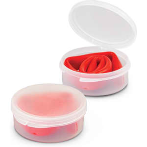 A silicone straw coiled inside a clear case, featuring a red colour, with the case partially open.