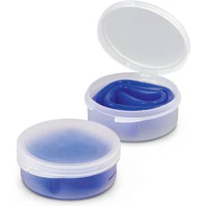 A silicone straw in a clear case, featuring a vibrant blue colour, displayed opened and closed.