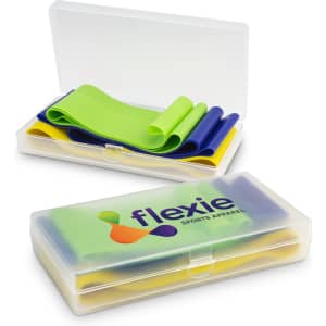 A transparent storage box containing green and blue resistance exercise bands, with a logo on the front.
