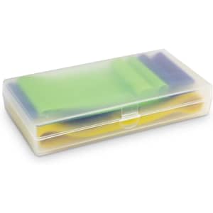 A clear storage case containing resistance exercise bands in green, yellow, and blue colours.