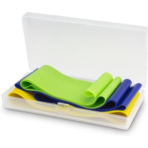 Resistance exercise bands in green, blue, and yellow, neatly stored in a transparent case.