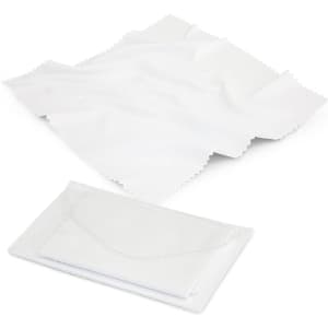 A white microfibre cleaning cloth neatly folded in a clear pouch, featuring a textured edge.