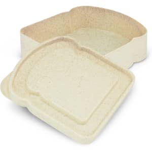 A light beige sandwich box in two pieces, featuring a unique bread-shaped design. It has a simple branding logo.