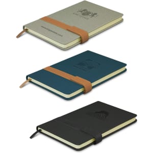A set of three notebooks in green, blue, and black, each with a strap and a logo on the cover.