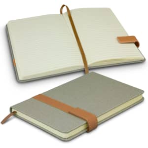 A grey notebook with a brown strap, featuring lined pages and an elegant design. It has an open and closed view.