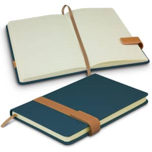 A teal notebook with a brown strap and ribbon bookmark, featuring lined pages and an open cover.