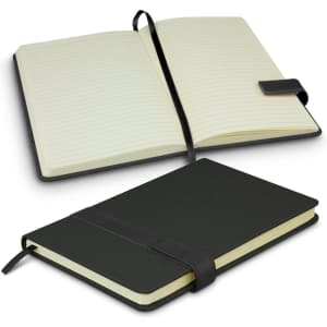 A black notebook with a textured cover, featuring lined pages and a ribbon bookmark. It has an elastic closure.