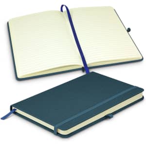 A navy blue notebook with a textured cover, featuring lined pages and a matching ribbon bookmark.