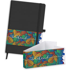 A black notebook with an elastic band, featuring a colourful leaf-patterned sleeve and a matching envelope.