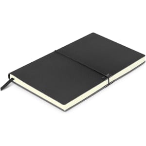 A black Samson Notebook with a textured cover and an elastic band closure, featuring cream-coloured pages.