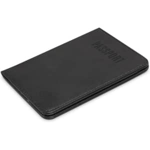 A black passport wallet with a textured surface and embossed branding on the front.