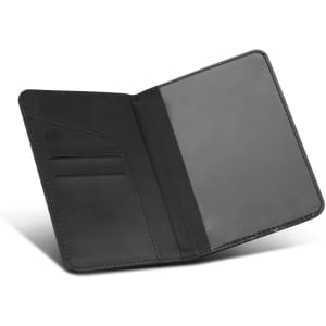 A black passport wallet with multiple card slots and a clear pocket, showcasing a sleek and minimalist design.