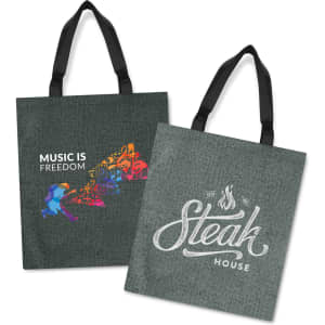 A green tote bag with black handles featuring colourful music-themed graphics on one side and "Steak House" on the other.