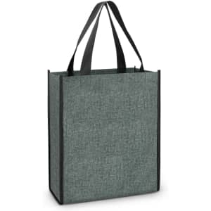 A grey tote bag with black handles, featuring a simple design and a branding logo.