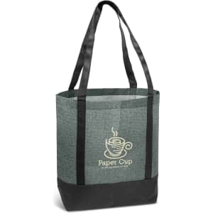 A green and black tote bag with long handles and a logo on the front.