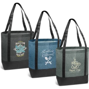 A set of three tote bags in grey and blue with black accents, each featuring a different logo design.
