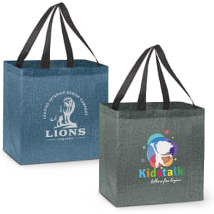 Two heather tote bags featuring a dark blue and grey colour scheme, each with black handles and a logo.
