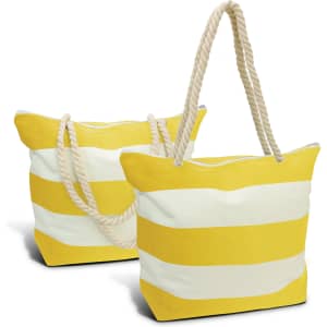 A tote bag featuring yellow and white horizontal stripes with cream-coloured rope handles and a zip closure.