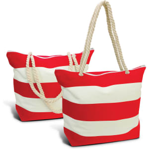 A red and white striped tote bag with rope handles, featuring a branding logo on the side.