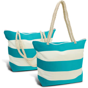 A teal and white striped tote bag with a rope handle, featuring two bags in the image.