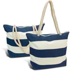A navy and cream striped tote bag with rope handles, featuring a branding logo.
