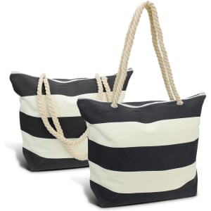 A Bali tote bag featuring alternating black and cream stripes with sturdy rope handles.