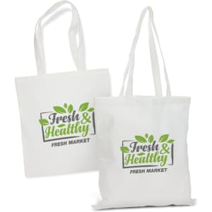 Two white tote bags with green leaf designs and a logo. One bag features a square design, while the other is slightly different.