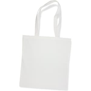 A white bamboo tote bag with two long handles and a minimalistic design. It features a logo.