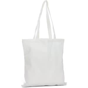 A white bamboo tote bag with long handles and a simple design, featuring a logo.