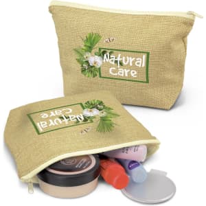A tan cosmetic bag with a floral design, partially open, revealing various skincare products inside.
