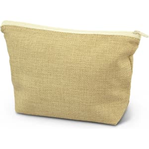 A beige cosmetic bag with a zip closure, featuring a textured fabric and a simple design. It has a branding logo.