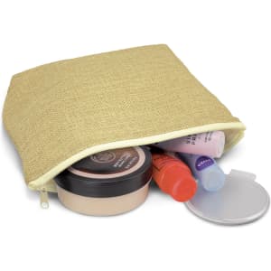 A tan cosmetic bag with a zip, containing various skincare and cosmetic products. It has a logo on the front.