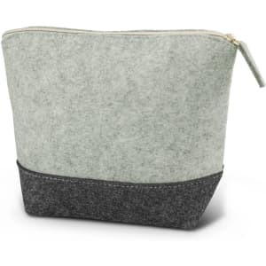 A cosmetic bag featuring a soft green upper section and a dark grey base, with a zip closure and no visible branding.