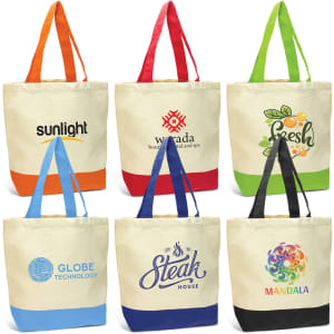 A variety of canvas tote bags in cream, featuring colourful straps and different logos.