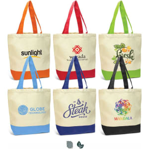 A selection of seven canvas tote bags in various colours, each featuring a logo and different handles.