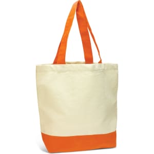 A canvas tote bag in cream with an orange base and handles, featuring a logo on the side.