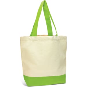 A canvas tote bag in cream with bright green handles and a green base. It features a logo on one side.