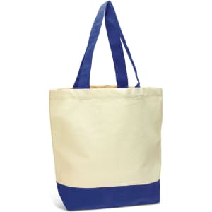 A canvas tote bag in cream with a blue base and blue handles. It features a logo on the side.
