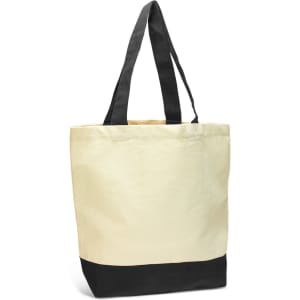 A tote bag in cream and black, featuring dual handles and a simple design with a logo.