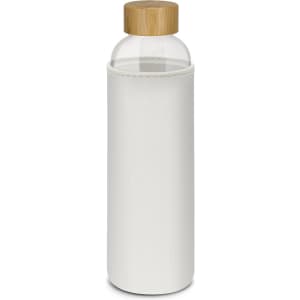 A drink bottle made of glass with a bamboo lid and a white neoprene sleeve. Features a logo.
