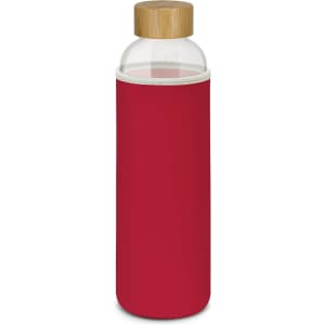 A drink bottle with a clear glass body, red neoprene sleeve, and a wooden lid. It features a logo.